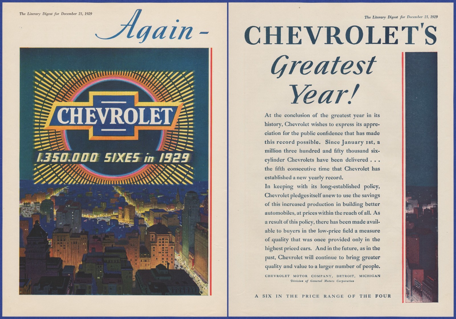 Vintage 1929 CHEVROLET Motor Car Automobile 1,350,00 sixes in 1929 20\'s Print Ad