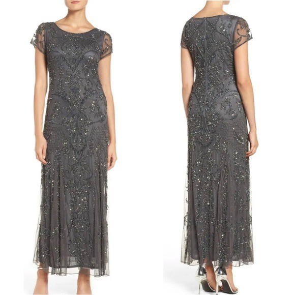NWT Pisarro Nights Beaded Sequin Short Sleeve Mesh Column Gown Maxi Dress Grey 8