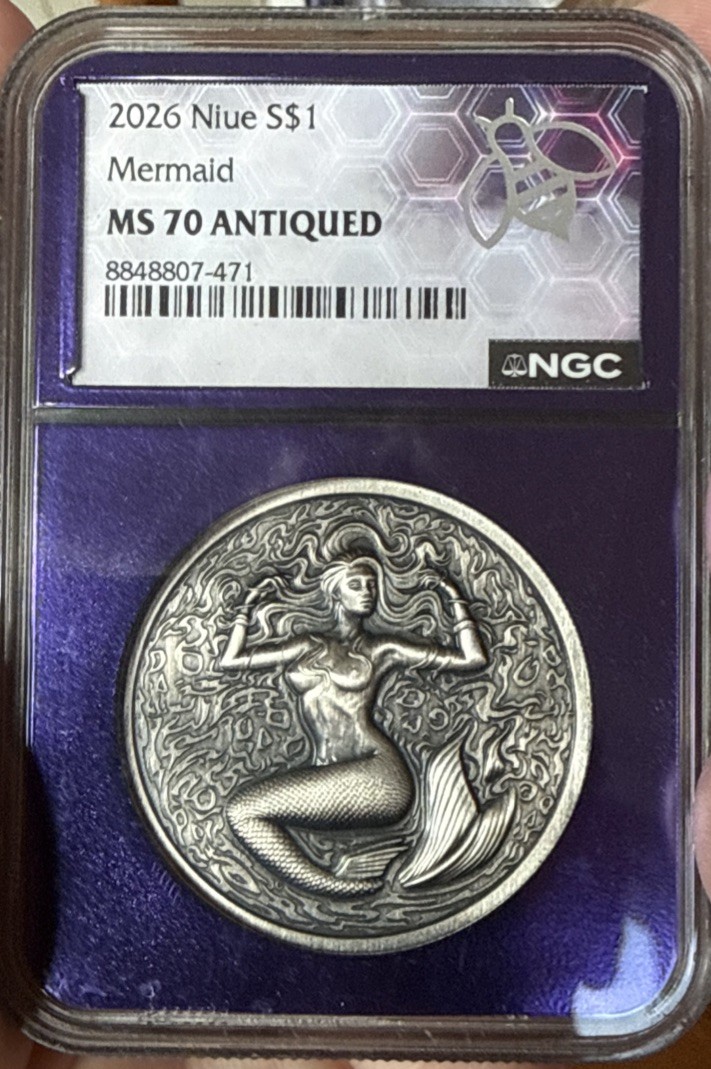 2026 Niue $1 Mermaid NGC MS 70 Antiqued 1 oz Fine Silver Coin