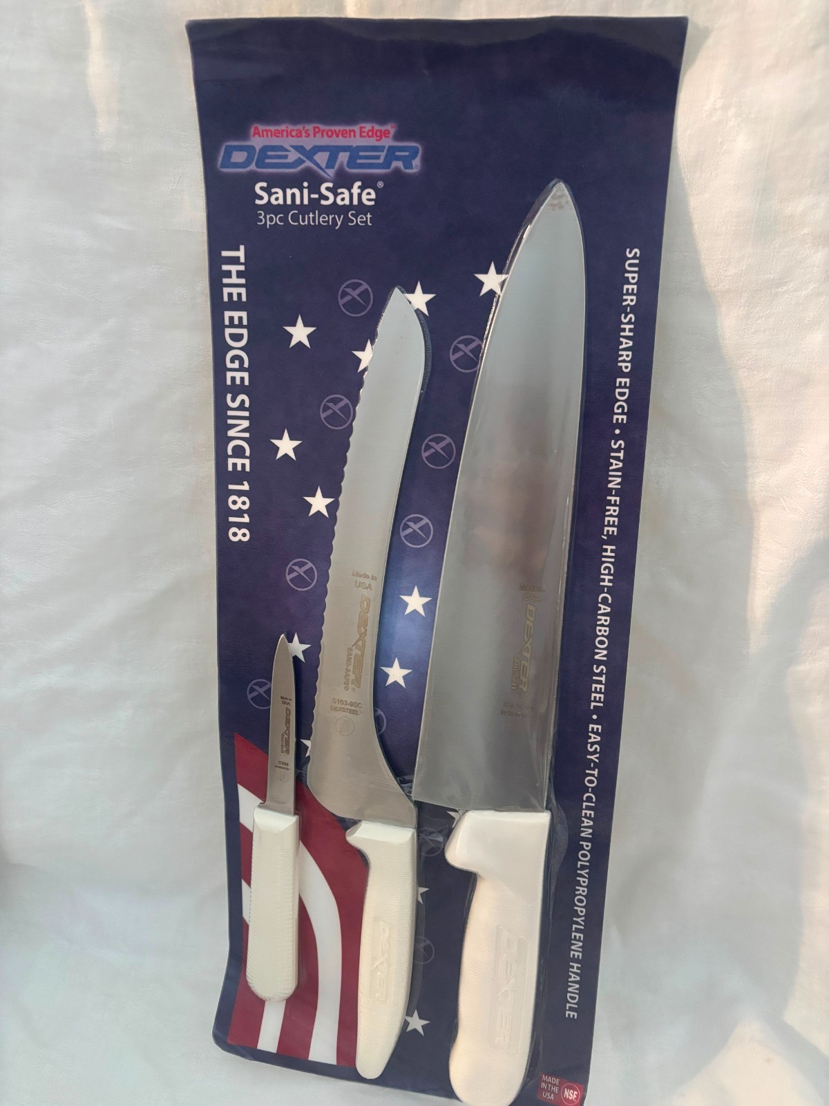 Dexter Sani-Safe 3-Piece Cutlery Knife Set White Handles Made in USA NSF New