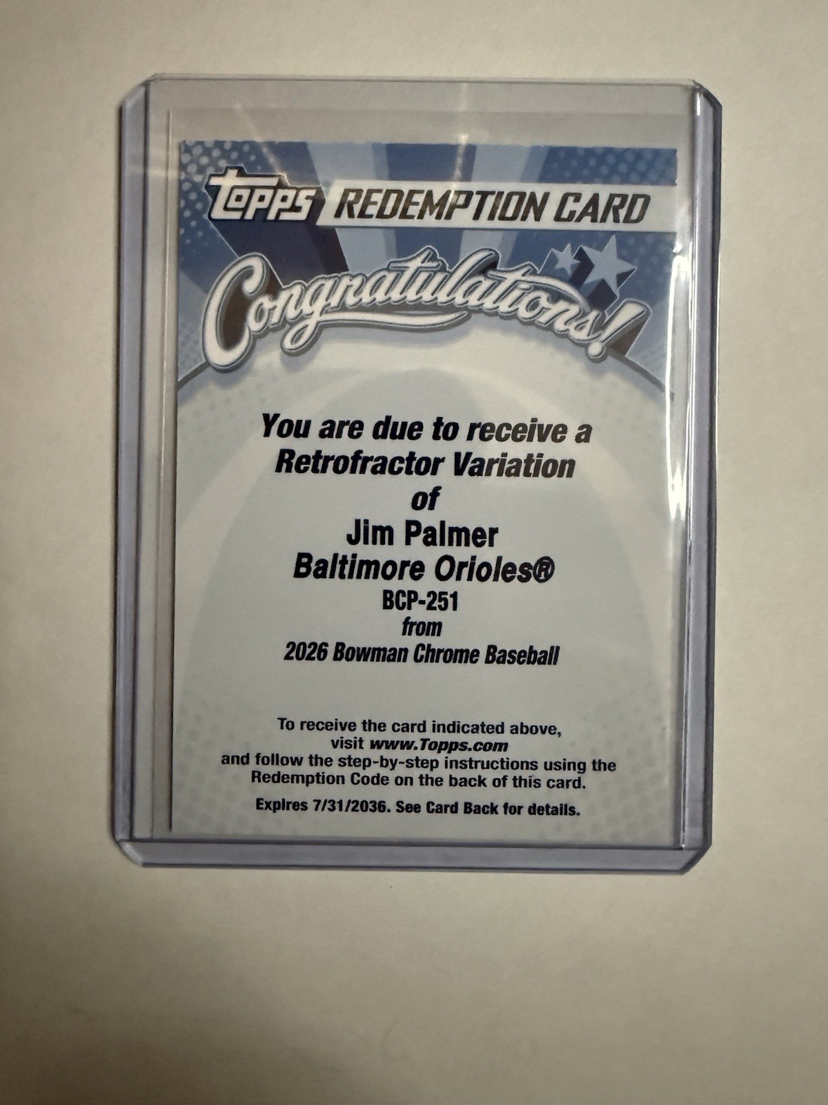 2026 Bowman Chrome Retrofractor Variation Jim Palmer Redemption SSP 2026 Bowman Chrome Retrofractor Variation Jim Palmer Redemption SSP