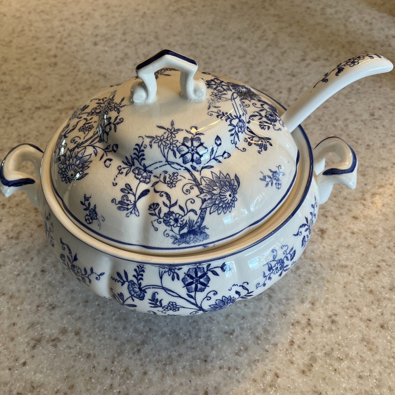 Lovely Vintage Blue and White floral transfer ware Ceramic Soup Tureen, Ladle