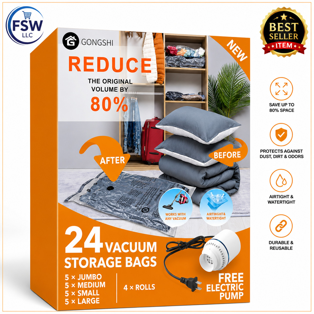 24 Pack Vacuum Storage Bags w/ Electric Pump Travel Clothes Space Saver