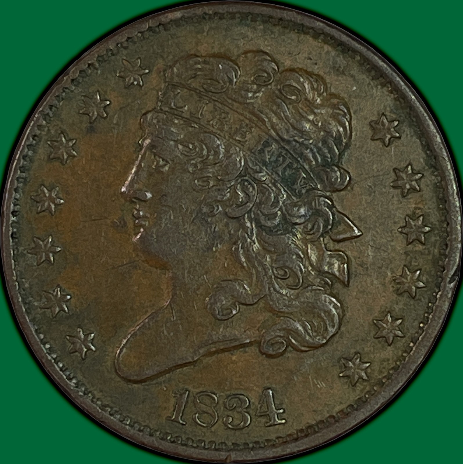 1834 Classic Head Half Cent Almost Uncirculated AU Coin, Scratched #49258