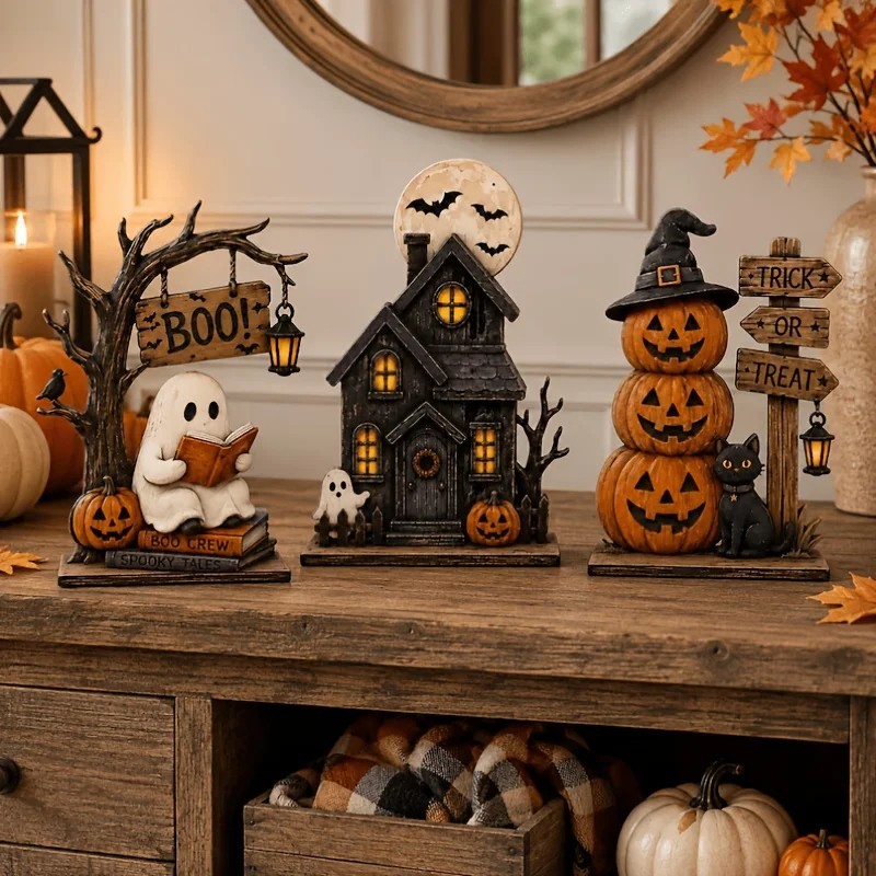 3pc Halloween Decor Set Haunted House Ghost Pumpkin Tabletop Statue Centerpiece 3pc Halloween Decor Set Haunted House Ghost Pumpkin Tabletop Statue Centerpiece