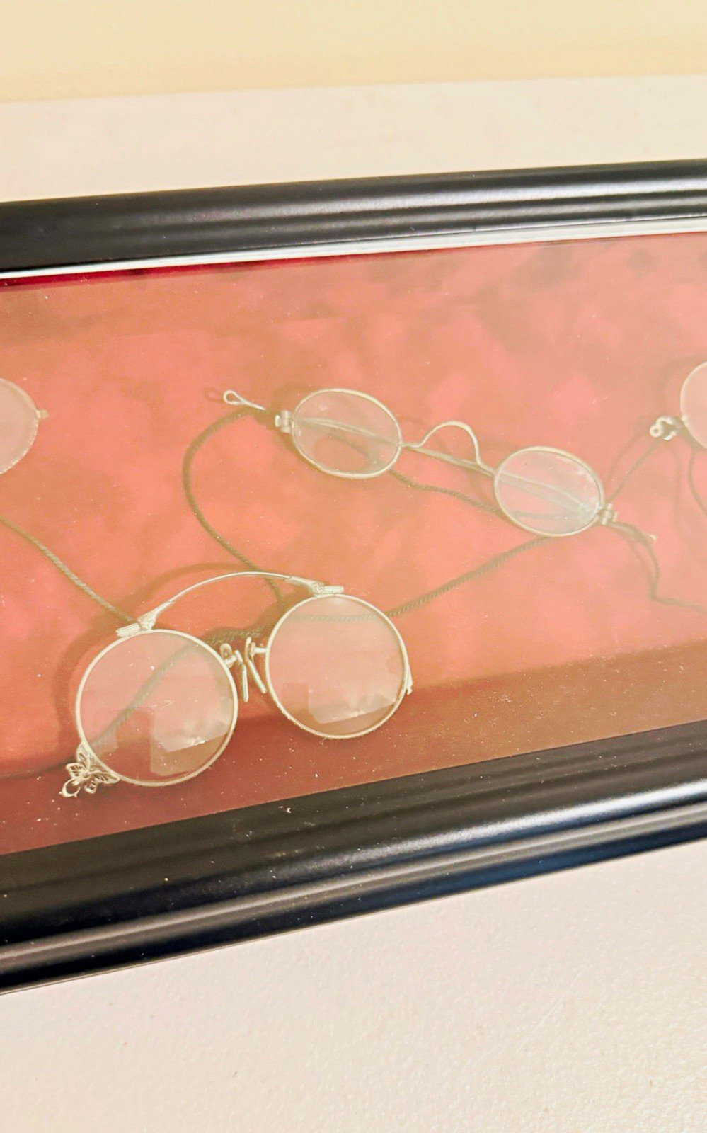 Framed Vintage Round Wire Rim Eyeglasses Display, Clear Glass & Silver Metal Framed Vintage Round Wire Rim Eyeglasses Display, Clear Glass & Silver Metal