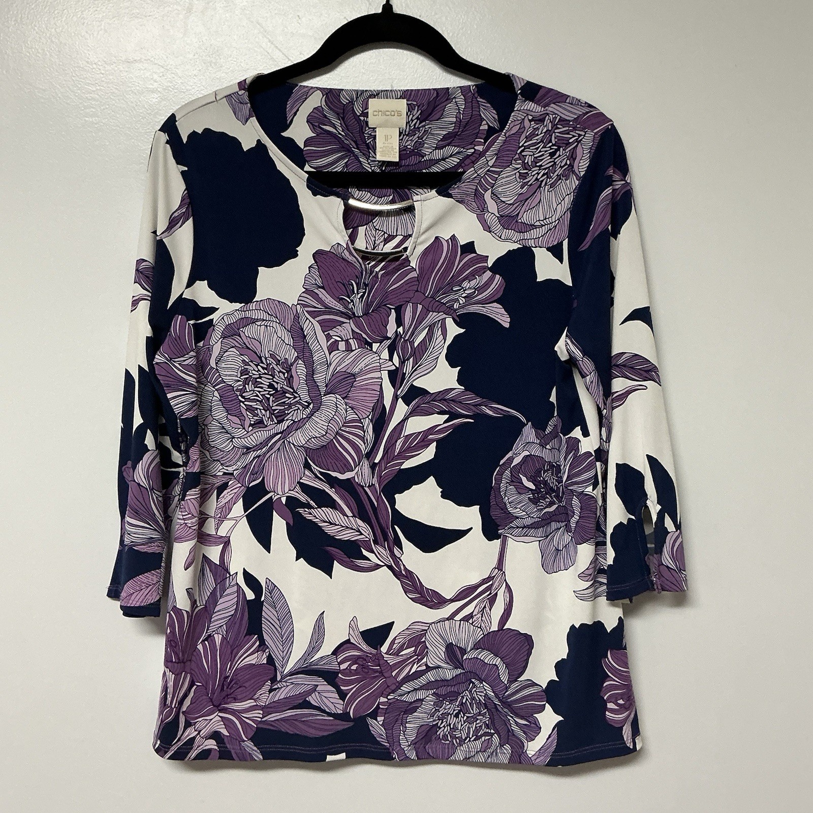 Chico\'s Women\'s Floral 3/4 Sleeve Polyester Spandex Blouse Size 1P Preppy Mature Chico\'s Women\'s Floral 3/4 Sleeve Polyester Spandex Blouse Size 1P Preppy Mature