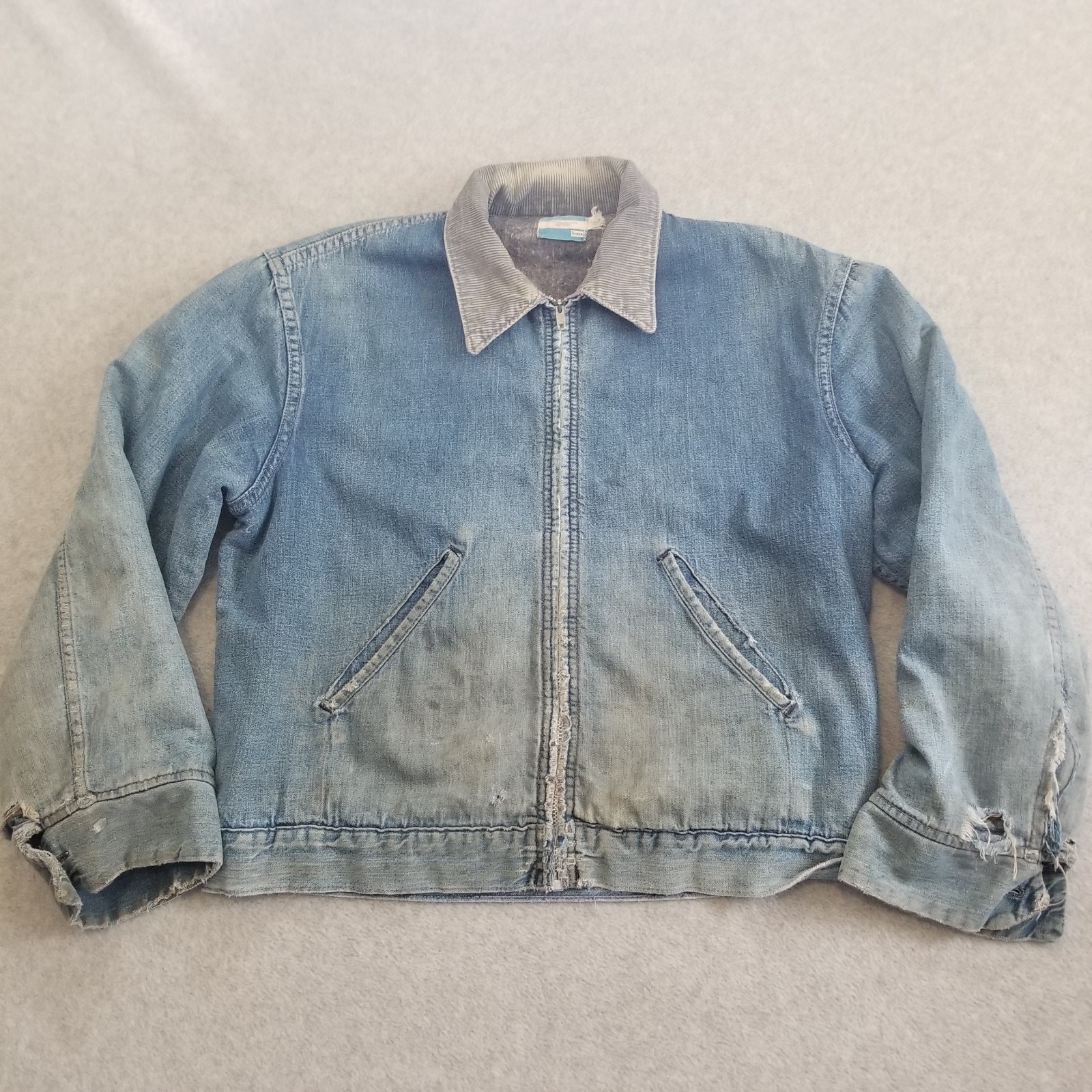 VTG Sears Jacket Mens M Blue Denim Blanket Lined Corduroy Thrashed 70s Detroit