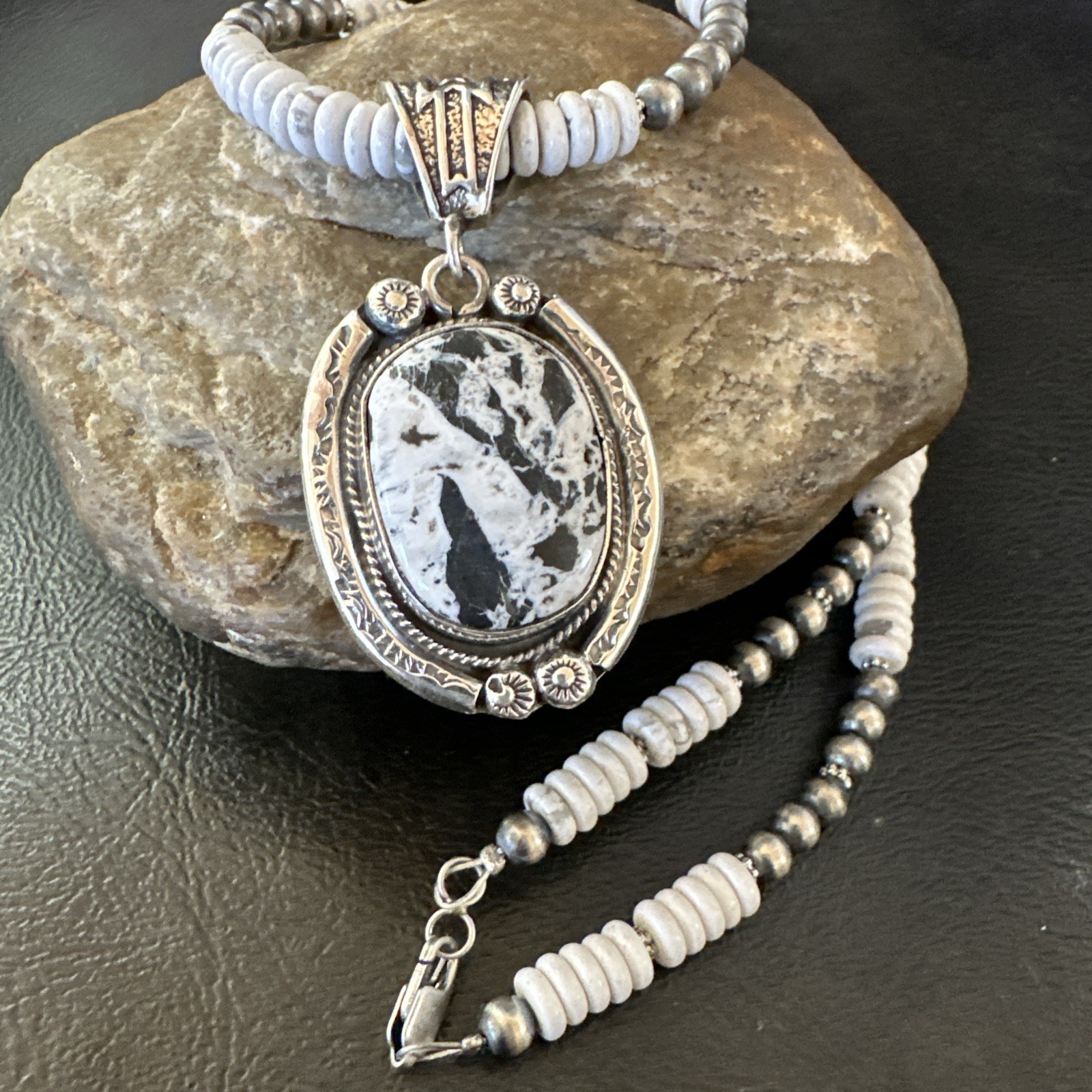 White Buffalo Turquoise Pendant Navajo Pearls Sterling Silver Necklace 20” 19499