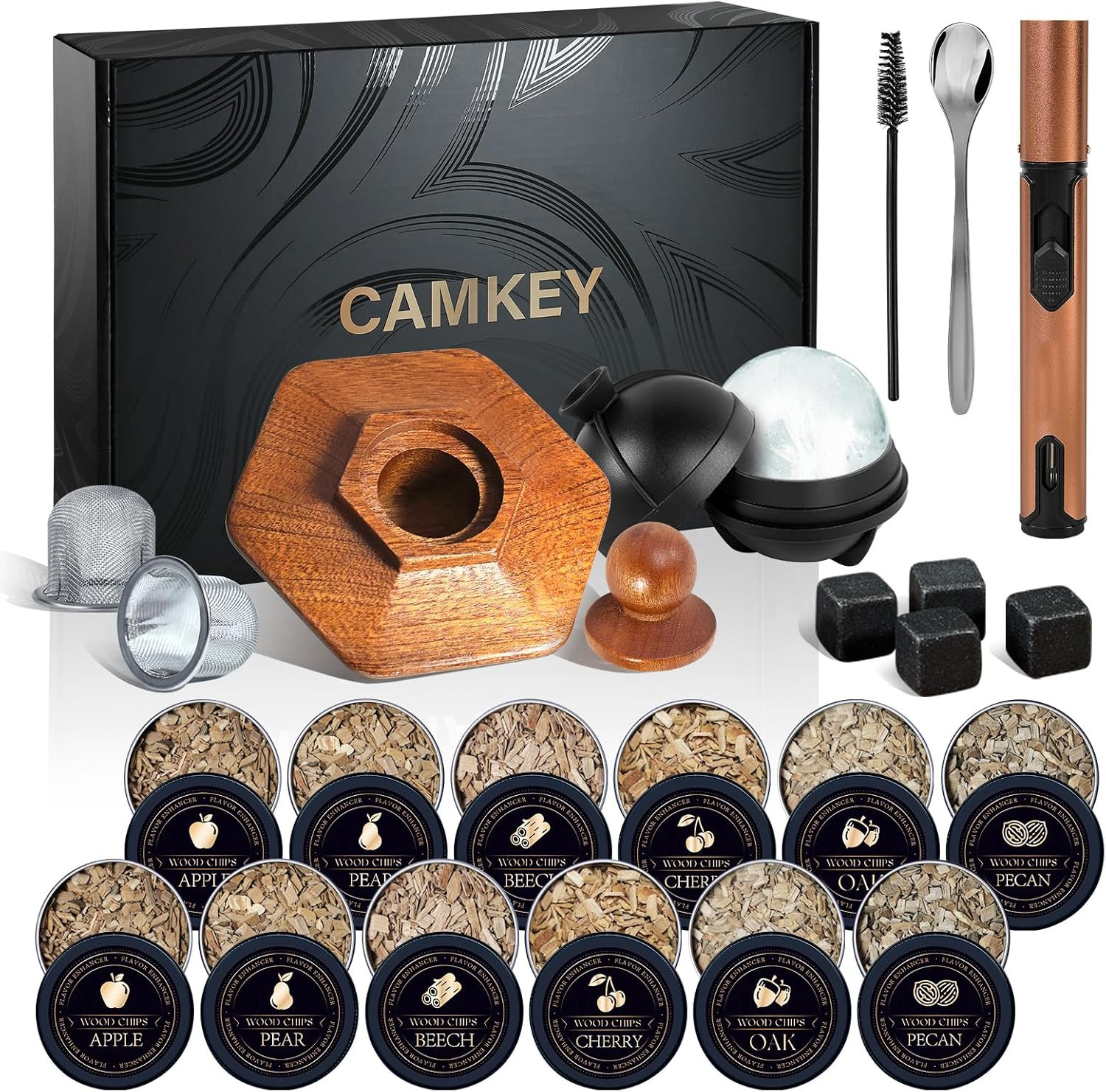 23Pcs Whiskey Smoker Kit with Torch-12 Wood Chips, Ice Ball Mold, Cocktail Smoke 23Pcs Whiskey Smoker Kit with Torch-12 Wood Chips, Ice Ball Mold, Cocktail Smoke