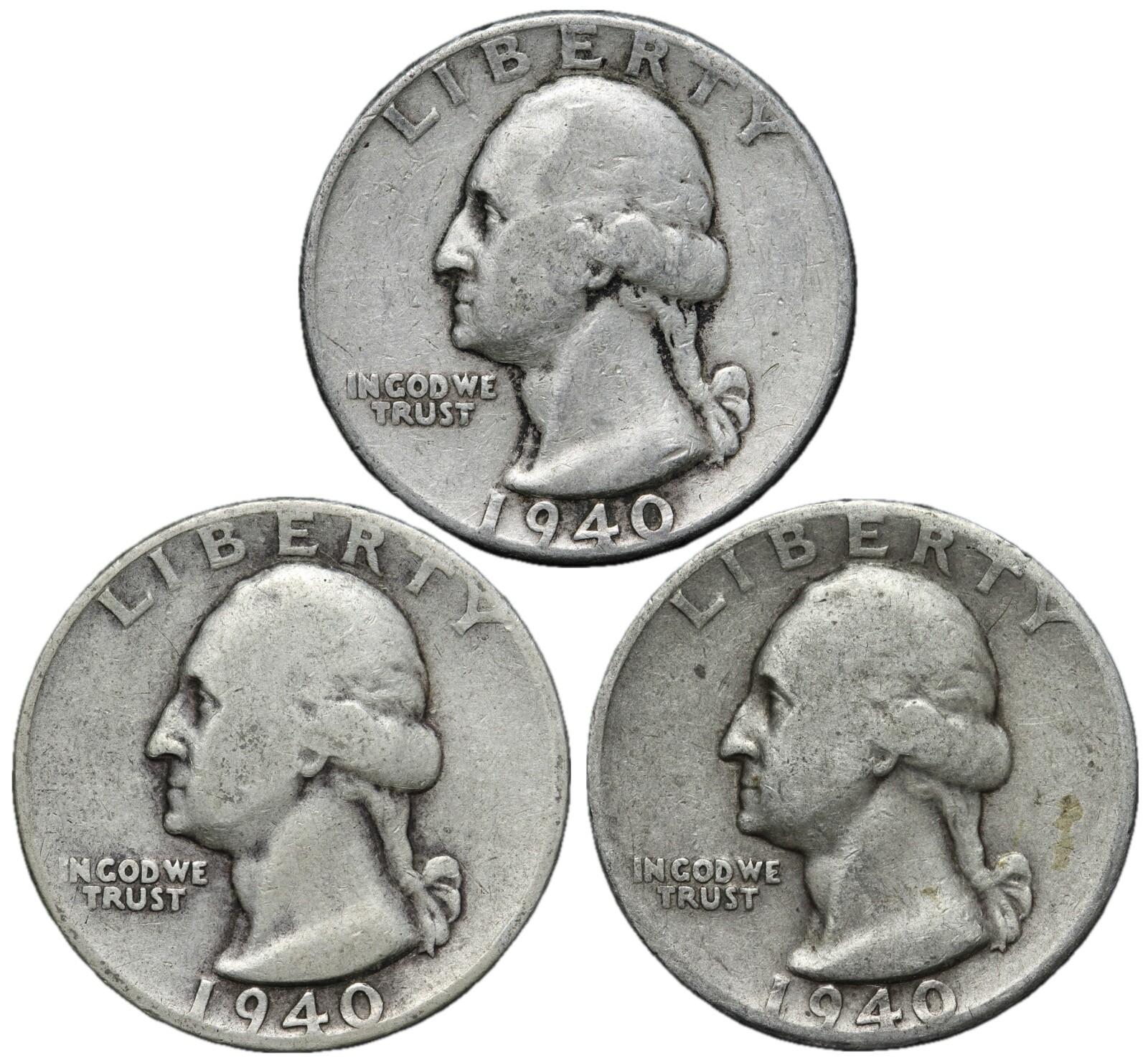 1940 & 1940-D 1940-S Washington SILVER Quarter 3 Coin Set Nice Group 