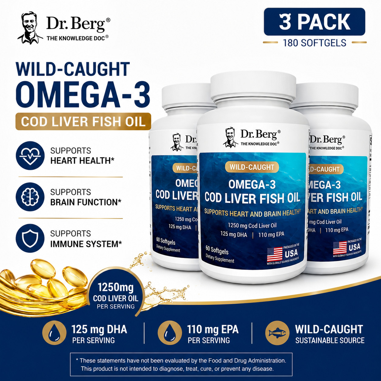 Dr. Berg Wild-Caught Omega-3 Cod Liver Oil DHA EPA 60 Softgels 3 Pack Dr. Berg Wild-Caught Omega-3 Cod Liver Oil DHA EPA 60 Softgels 3 Pack
