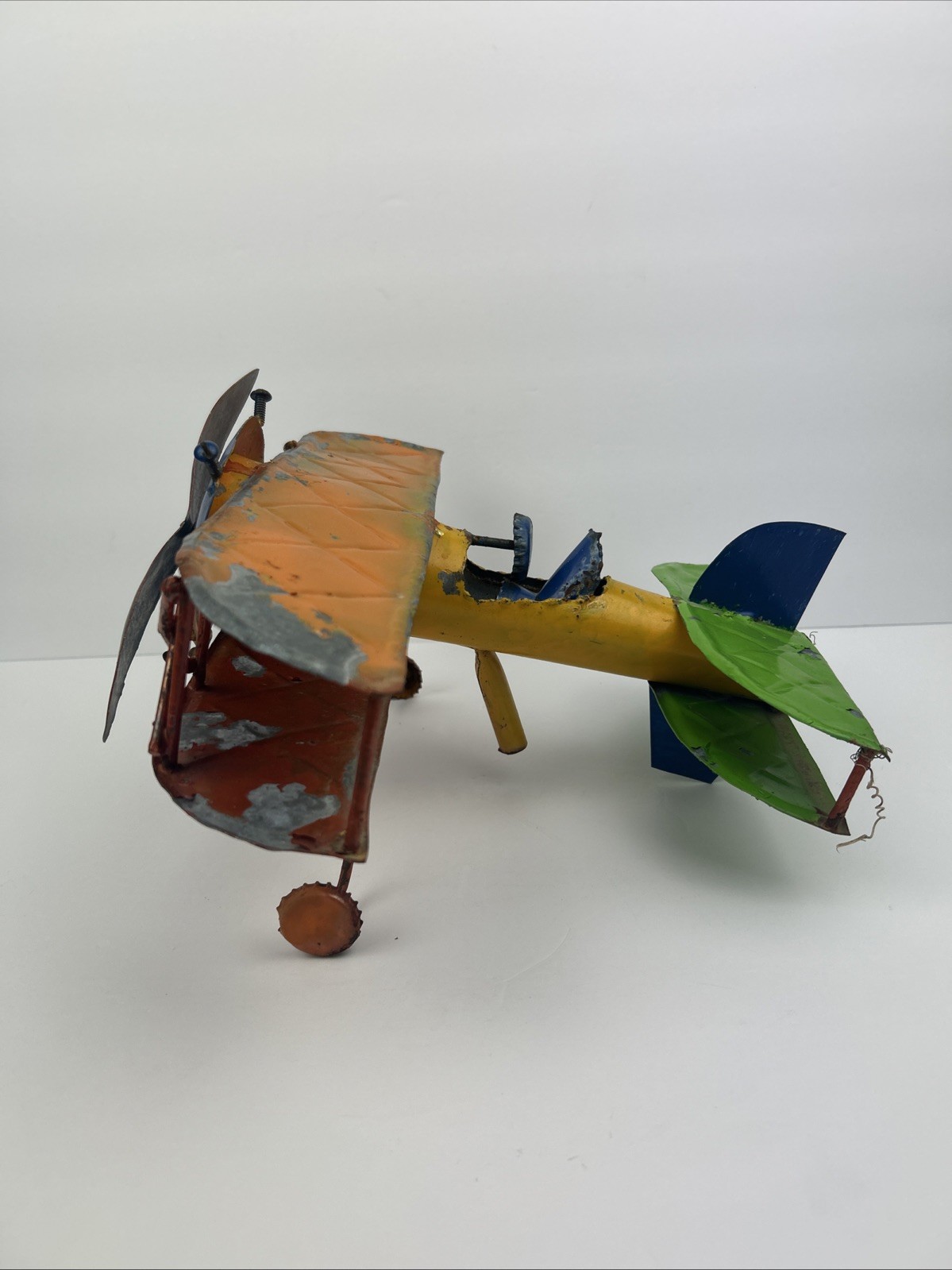 Vintage Metal Folk Art Biplane Airplane Sculpture Handmade Scrap Rustic 11\
