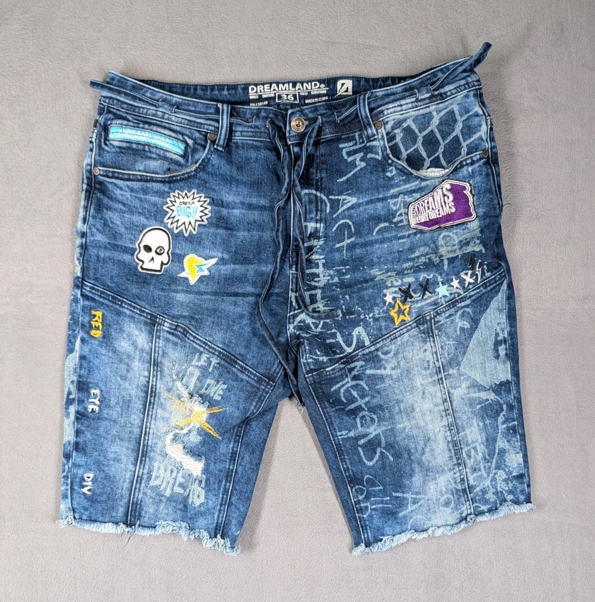 Dreamland Mens 36 Blue Graphic Denim Jorts Raw Hem Streetwear Skater Shorts Y2K