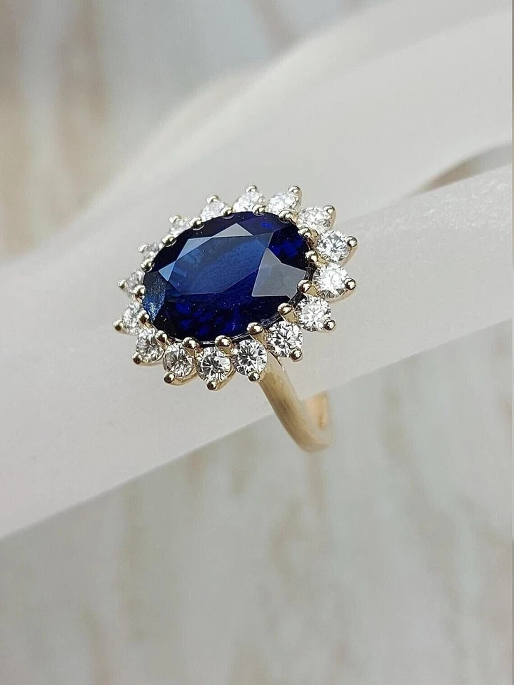 4.18 Ct Oval Cut Blue Sapphire Wedding Gift Diamond Ring 14K solid Yellow gold