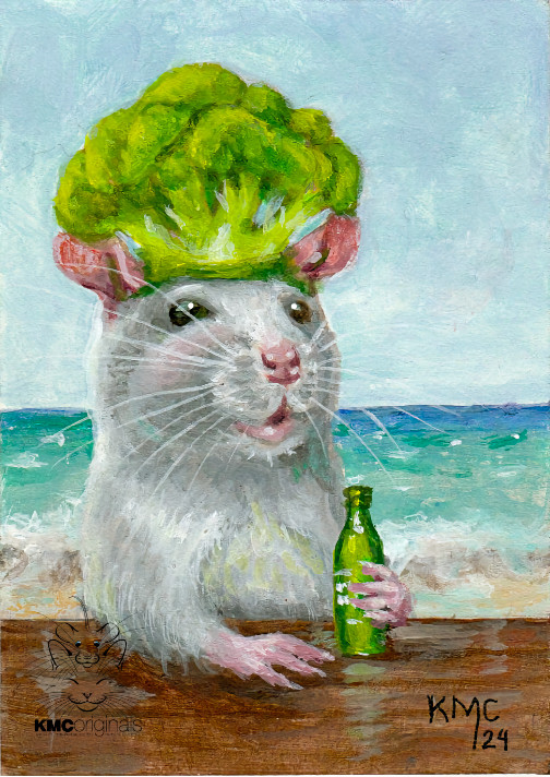 KMCoriginals PRINT Millinery Rat in Broccoli Hat Beer Reproduction ACEO art