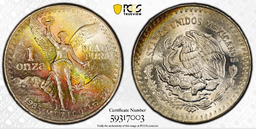 1985 1oz Mexico PCGS MS63 Silver Libertad - Monster Toned 🌈 1985 1oz Mexico PCGS MS63 Silver Libertad - Monster Toned 🌈