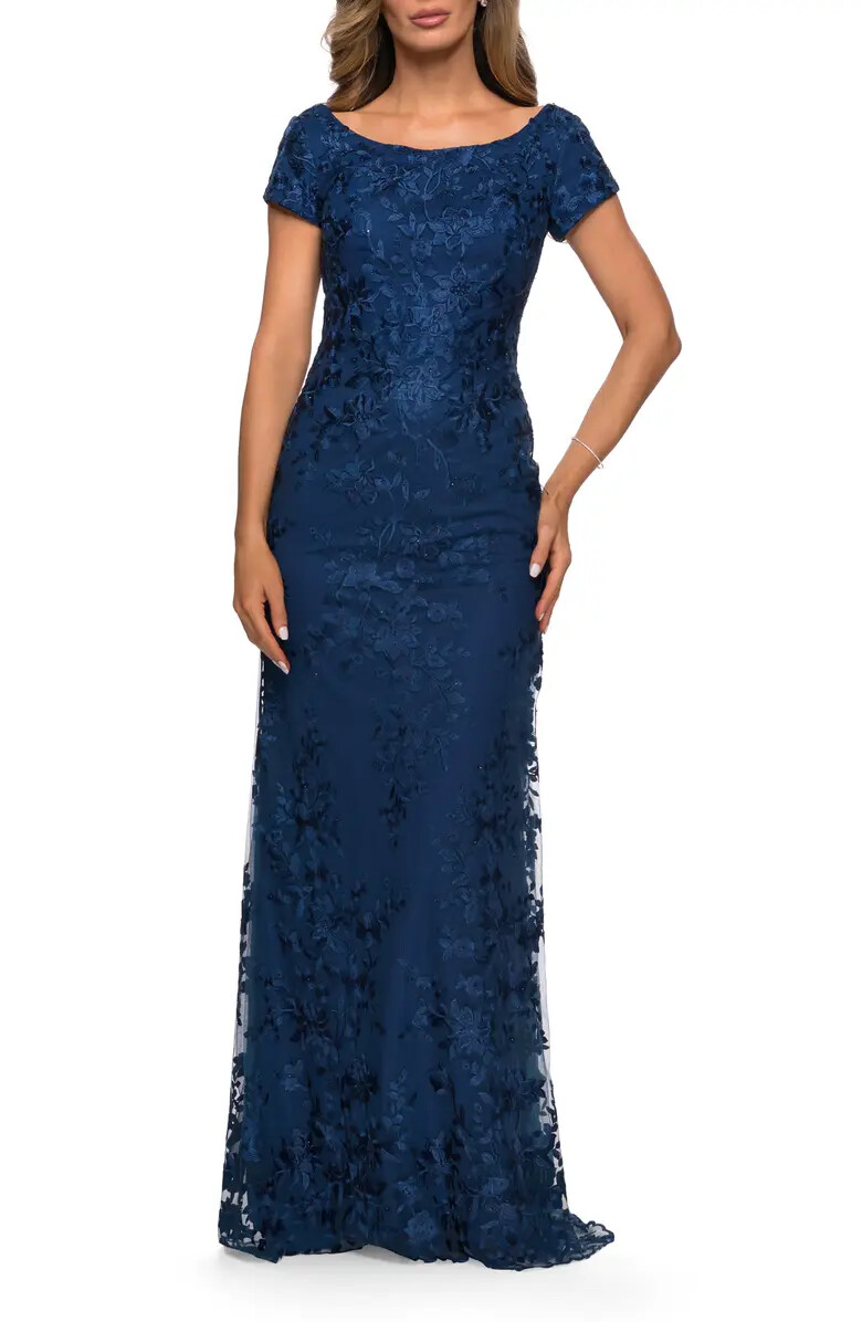 La Femme Navy Blue Shimmer Floral Embroidered  A-Line Gown Size 10 $575