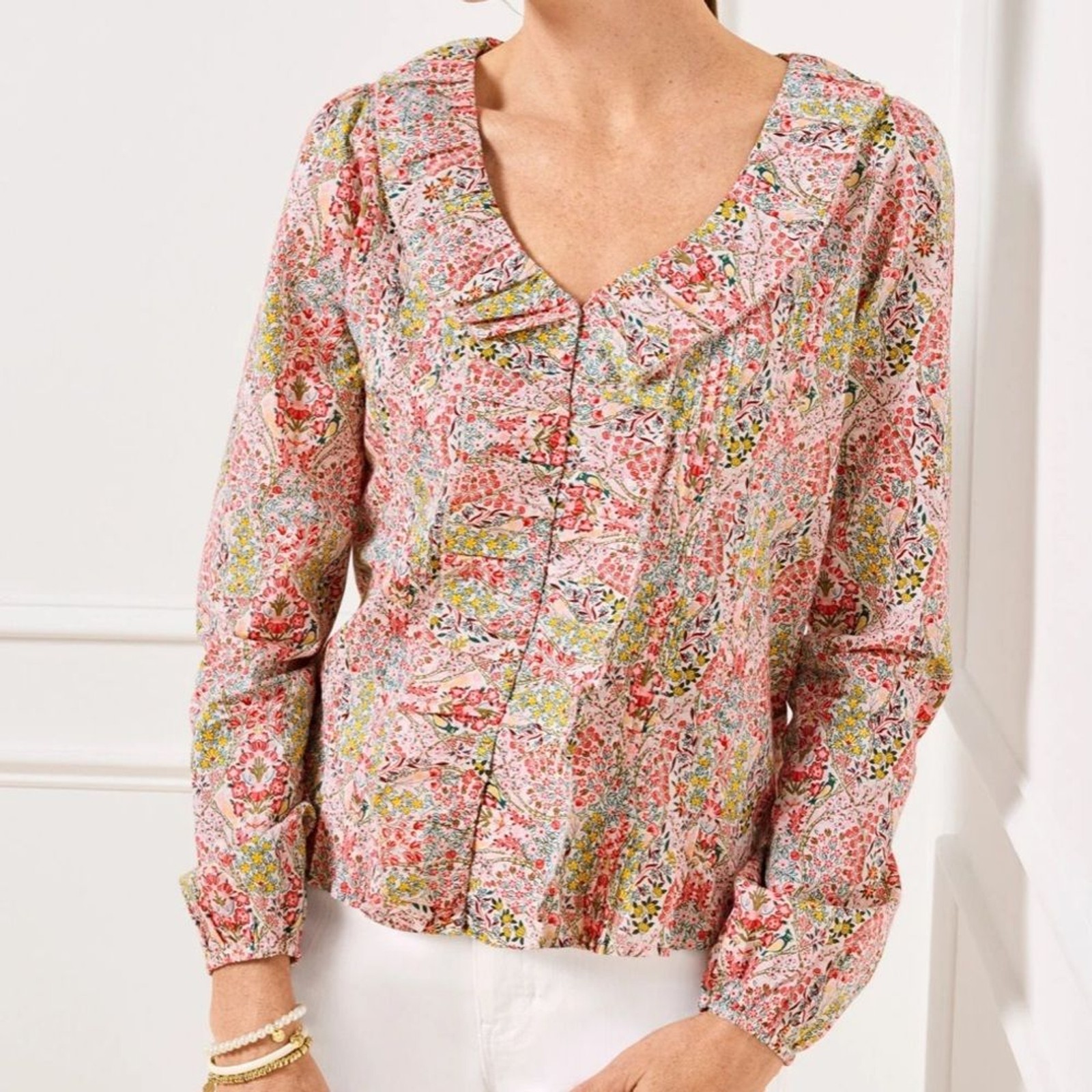 Talbots Pink PINTUCK RUFFLE TOP Large Petite PL BRANCHING FLORAL Ruffle Feminine