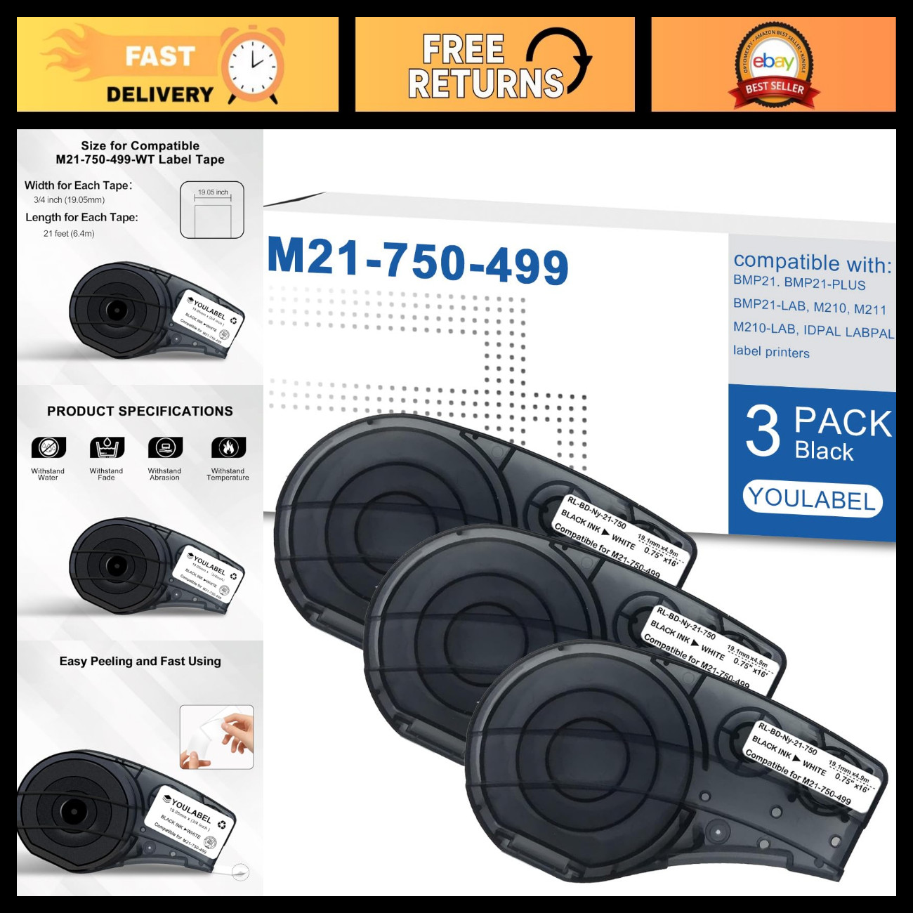 3 Pack Compatible Nylon Label Tape 0.75\