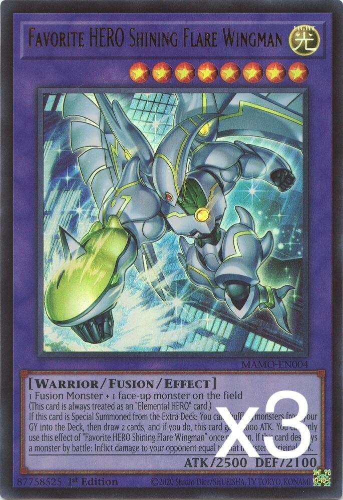 3X Yugioh Favorite HERO Shining Flare Wingman MAMO-EN004 Ultra Rare 1st Ed NM 3X Yugioh Favorite HERO Shining Flare Wingman MAMO-EN004 Ultra Rare 1st Ed NM