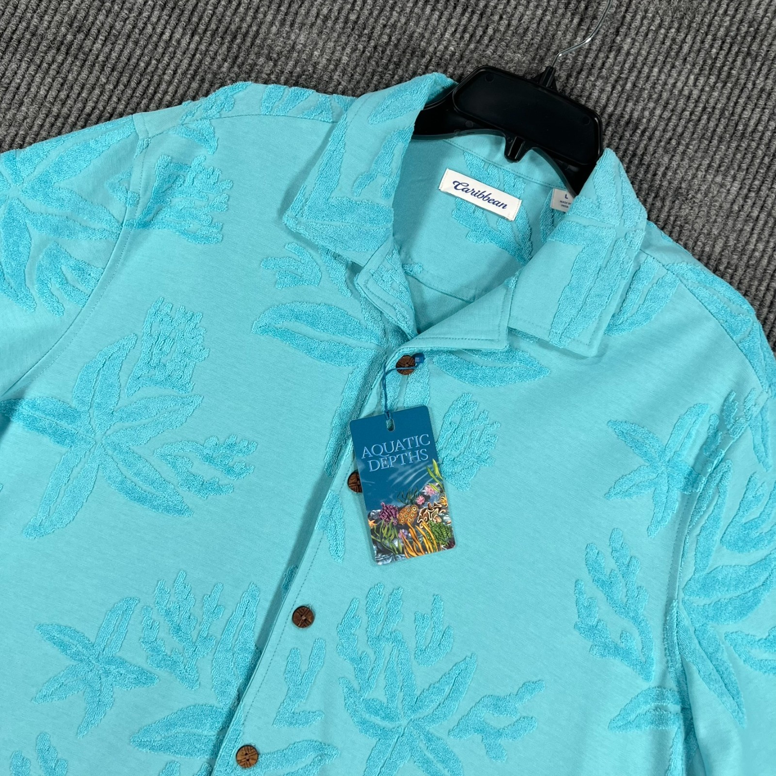 Caribbean Shirt Mens Large Teal Blue Short Sleeve Button Up Casual New