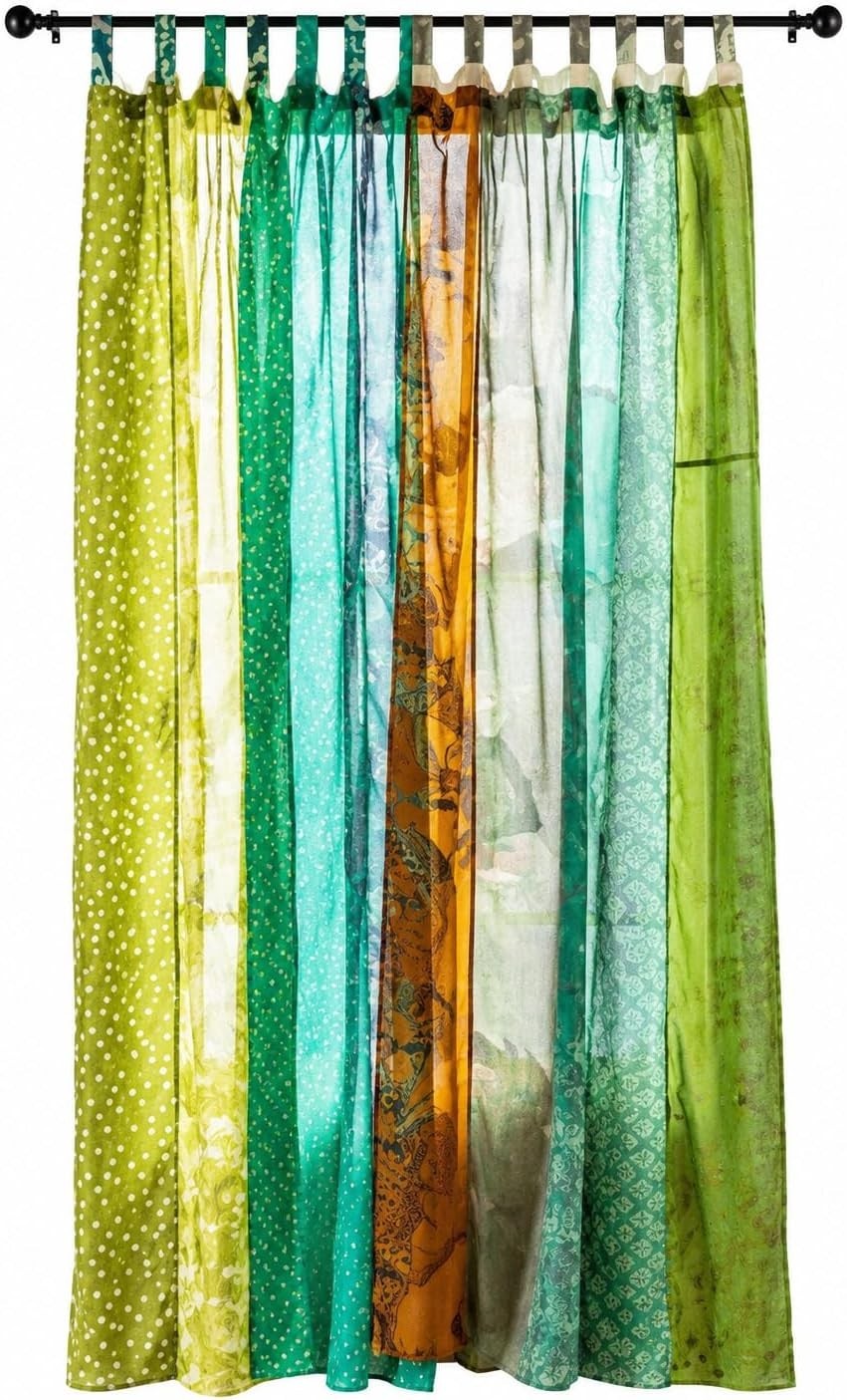 2 PCS Indian Vintage Green Sari Patchwork Drape Window Decor Silk Sari Curtain 2 PCS Indian Vintage Green Sari Patchwork Drape Window Decor Silk Sari Curtain
