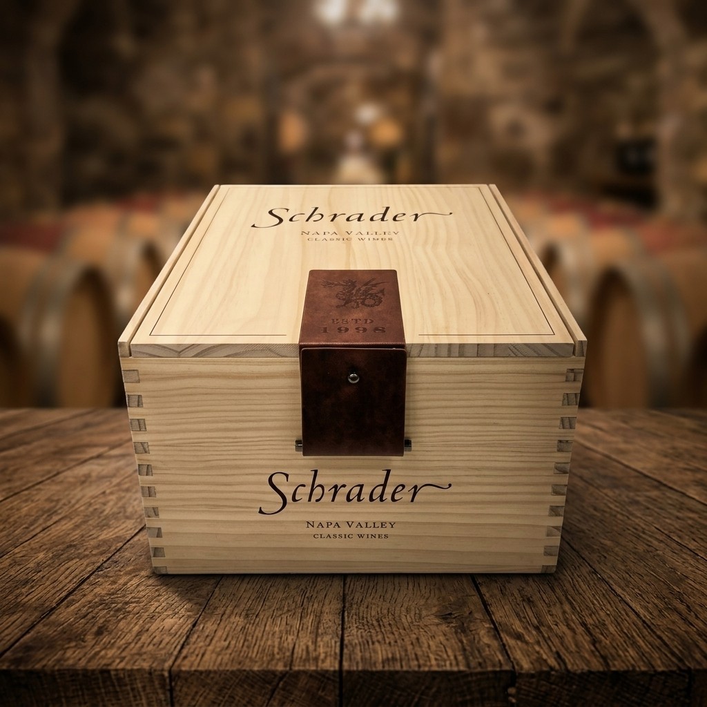 Schrader Napa Valley Classic Wines Empty Wooden Wine Box Crate w/ Leather Strap Schrader Napa Valley Classic Wines Empty Wooden Wine Box Crate w/ Leather Strap