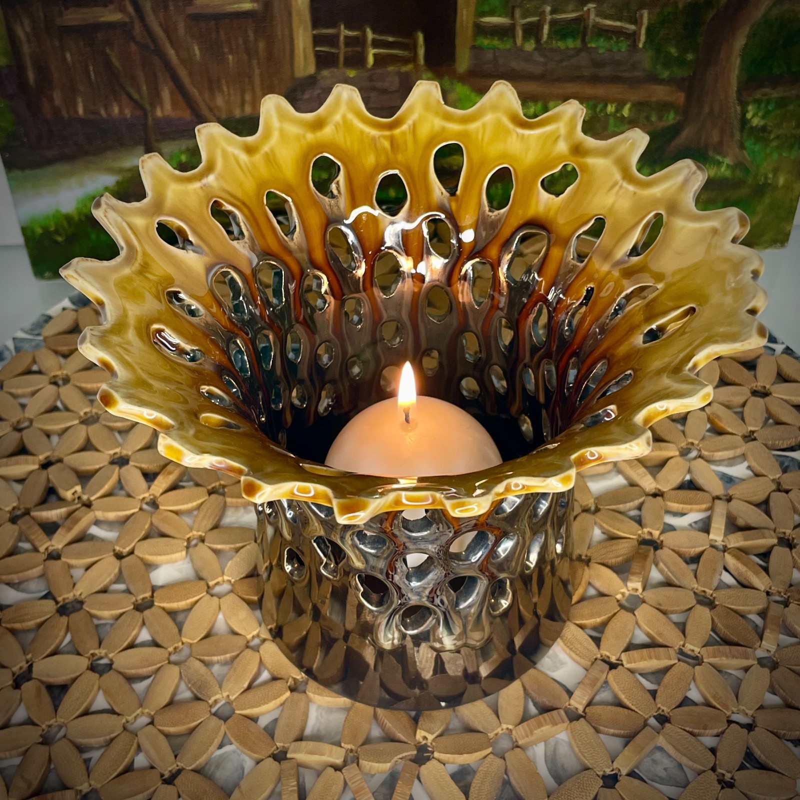 Handmade Ceramic Candle Votive Reticulated Metallic Drip Glaze Cholla Cactus