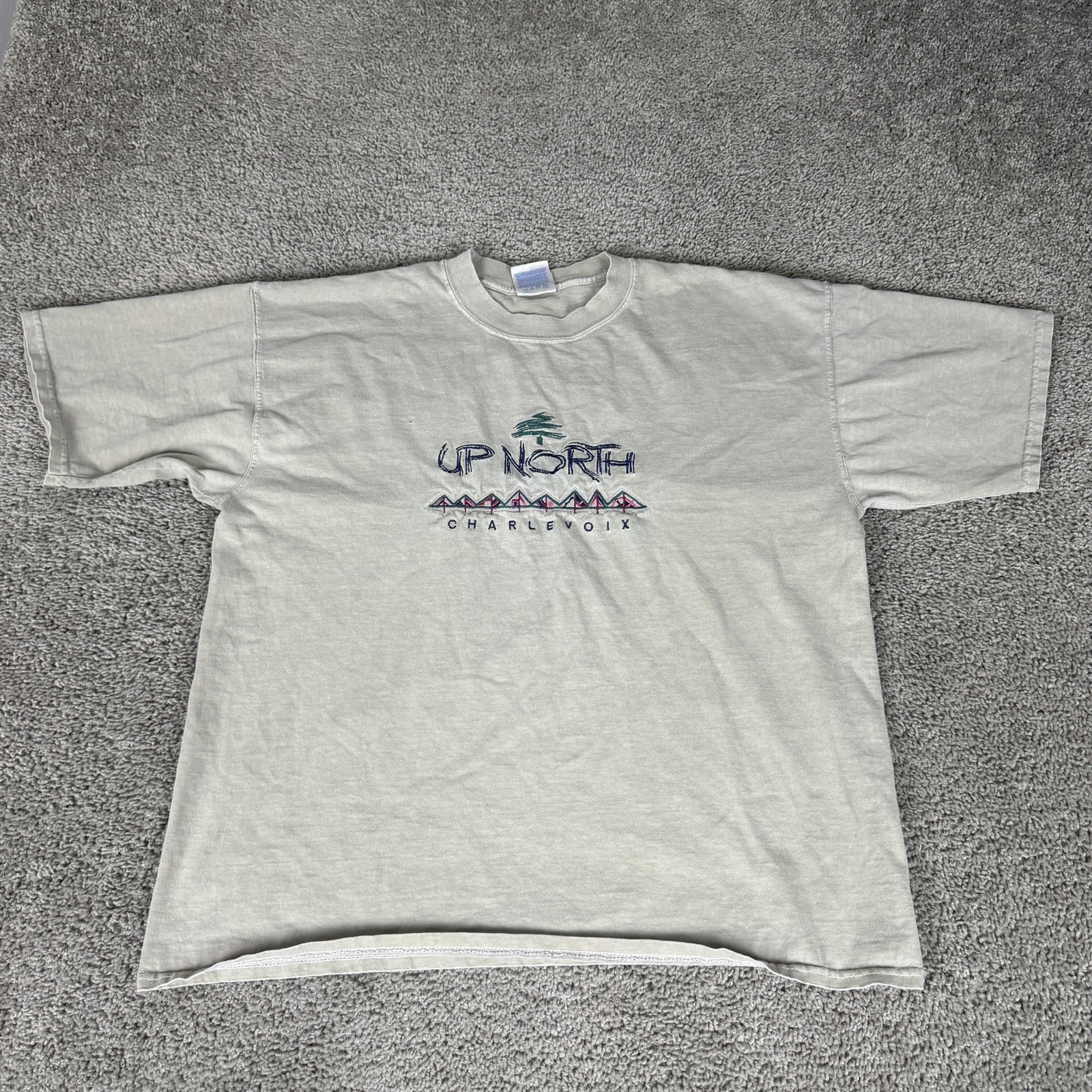 VINTAGE Charlevoix Michigan Shirt Mens XL Gray Outdoor Souvenir Embroidered 90s