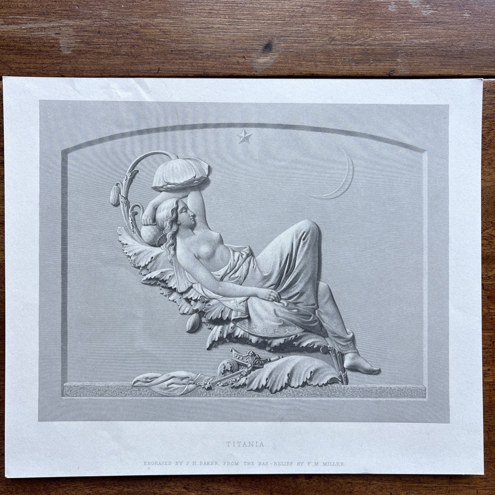 Fine Antique Engraving Titania Reclining on Leaf Star Moon F.M. Miller 1870