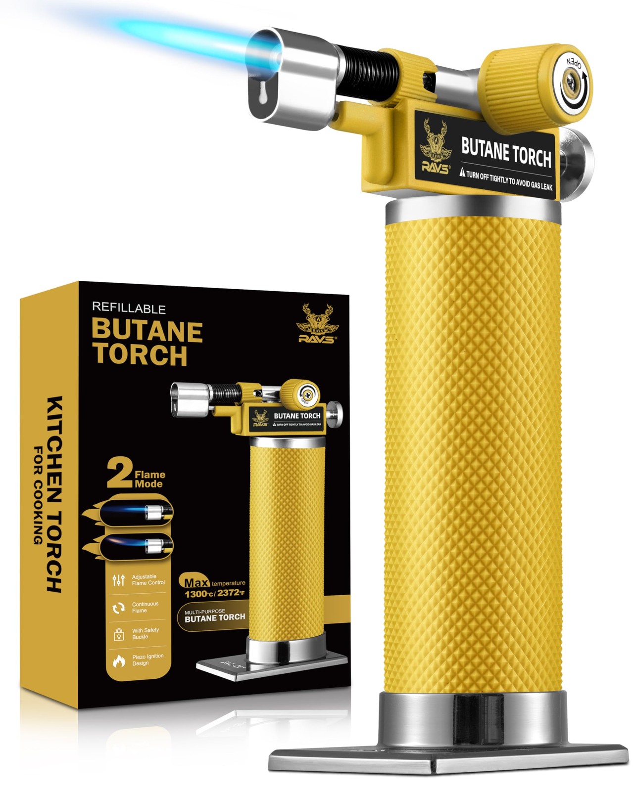 RAVS DUAL Flame Mode Butane Torch Lighter, Refillable Kitchen Torch, Yellow RAVS DUAL Flame Mode Butane Torch Lighter, Refillable Kitchen Torch, Yellow