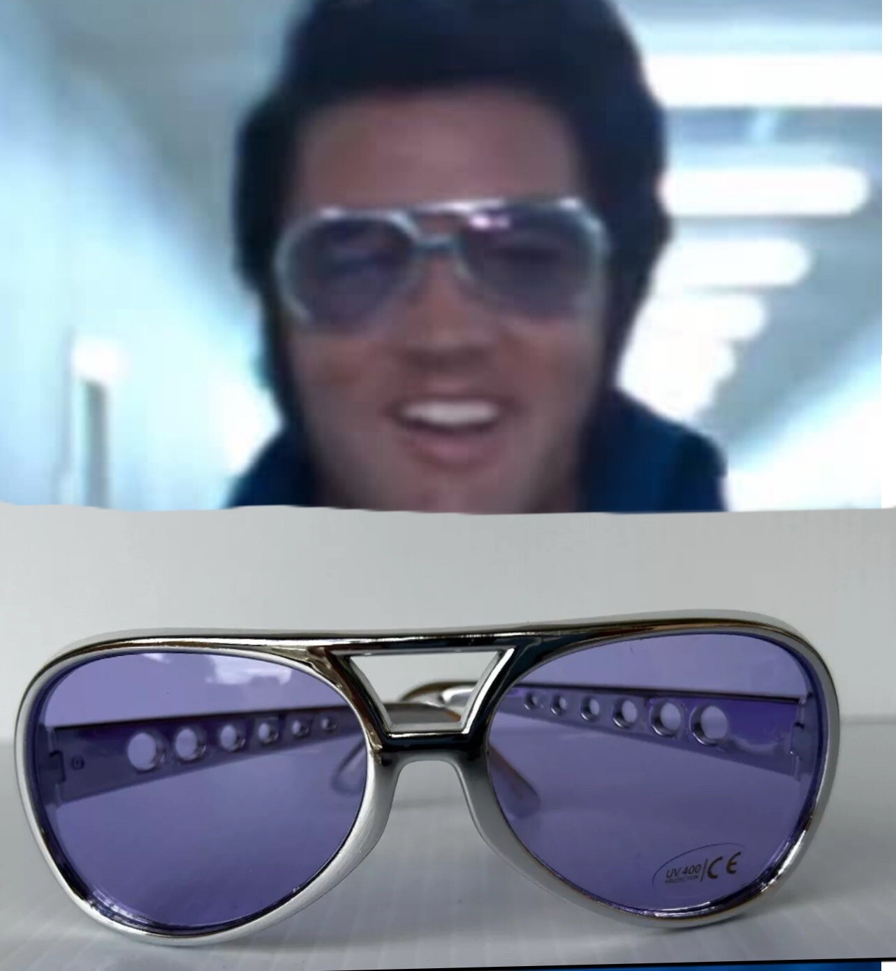 ELVIS 70’s On Tour Aviator sunglasses.  Silver w/ purple Lens. ETA. THE KING