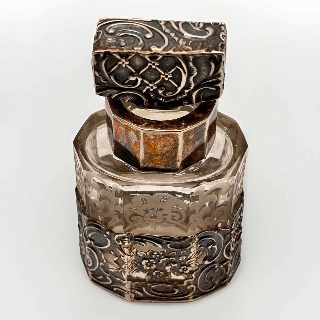 Antique Hanau Silver Scent Bottle Wolf Knell W&K German Glass Perfume C. 1900