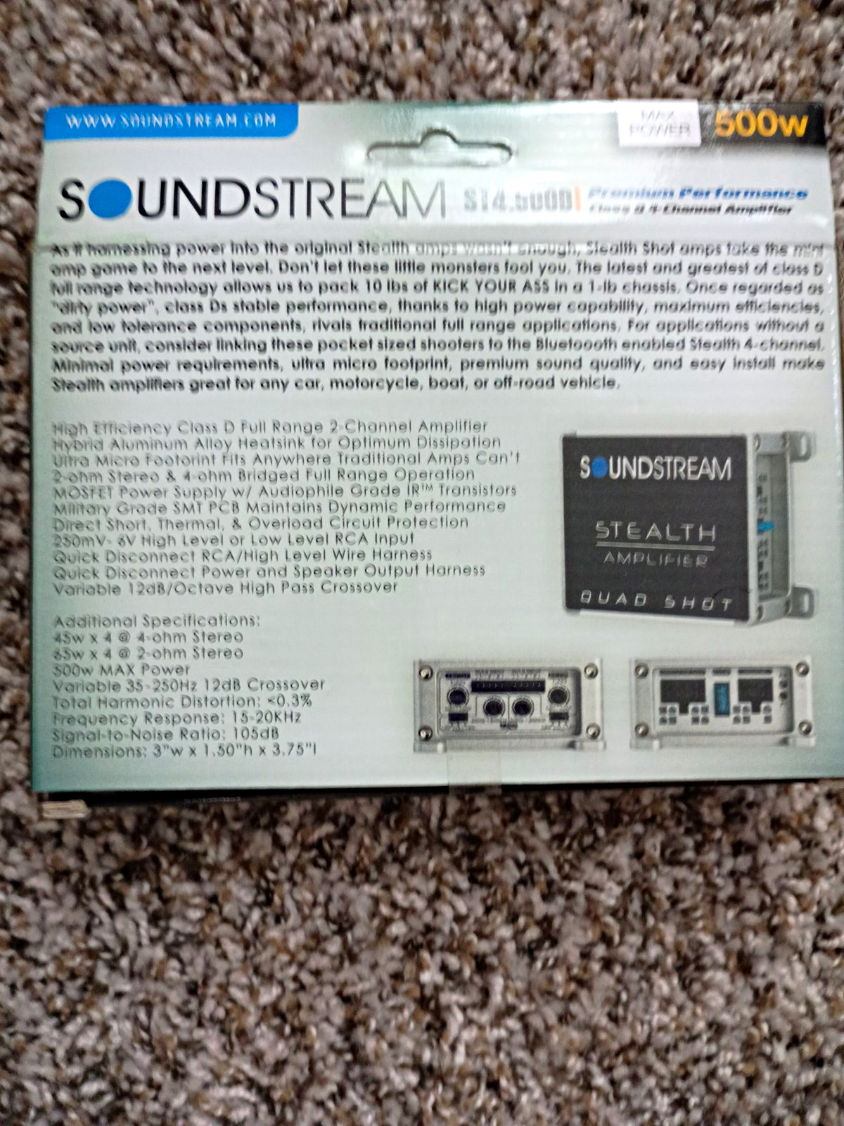 Soundstream ST4.500D Stealth Class D 4-Channel Car Audio Amplifier 500W RMS Soundstream ST4.500D Stealth Class D 4-Channel Car Audio Amplifier 500W RMS