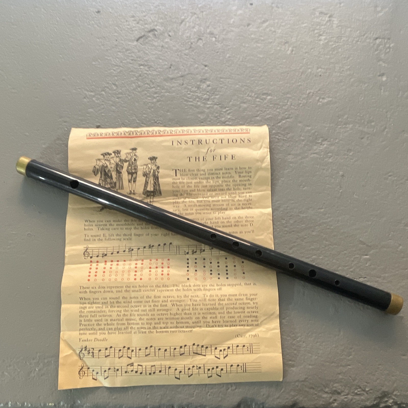 Vintage Black Fife Brass End with Instruction Sheet and Sheet Music Vintage Black Fife Brass End with Instruction Sheet and Sheet Music