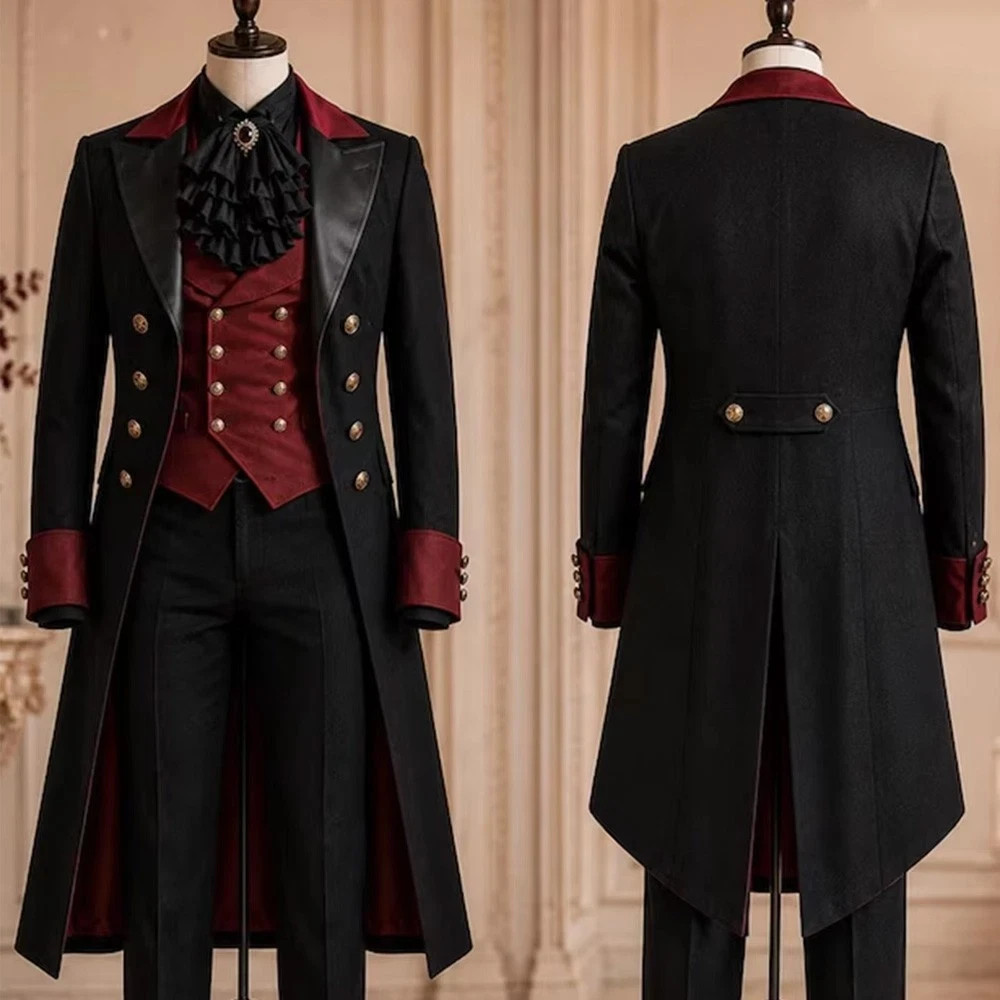 British 3pcs Men\'s Suit Black &Red Wedding Tuxedo Evening Party Prom Long Coat