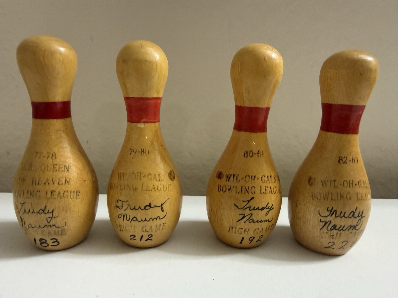 Vintage 1970s Mini Bowling Pin Awards Lot 4 Wood High Game Trophy Erie PA 4”