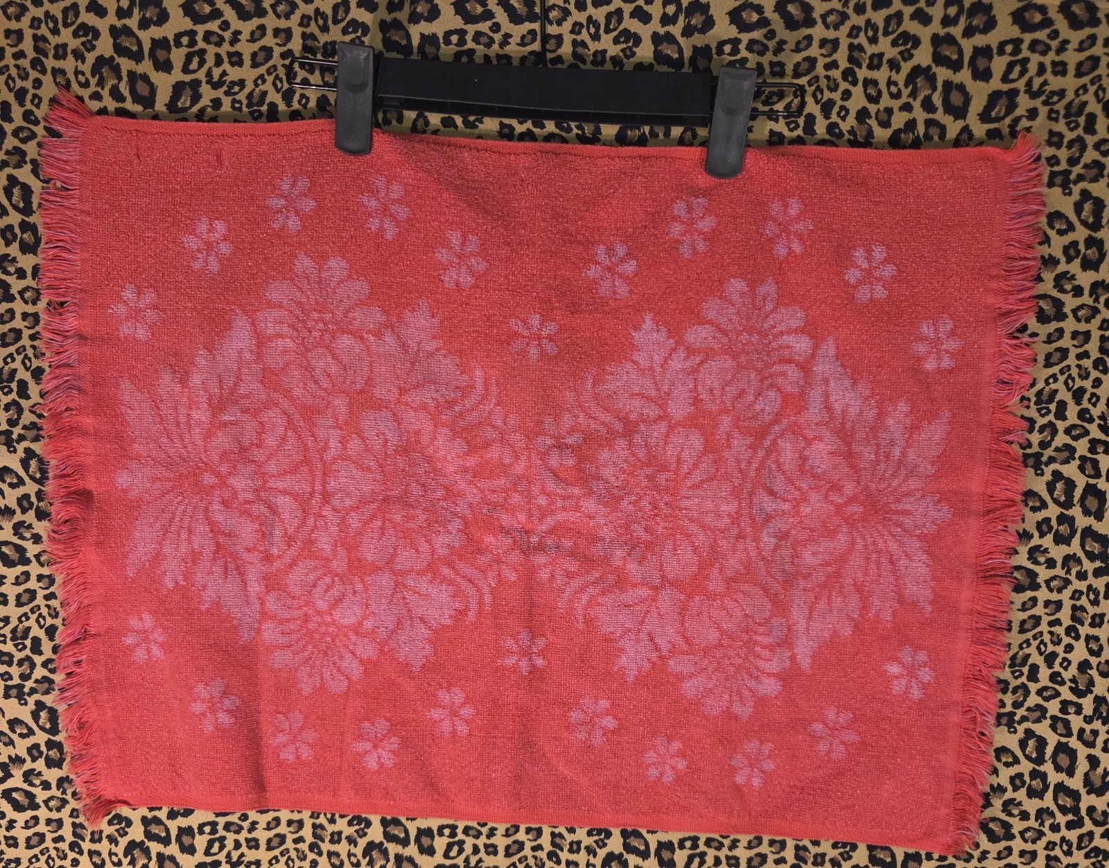 Vintage St Marys Fringe Hand Towel Retro Magenta Red Floral Damask Jacquard MCM