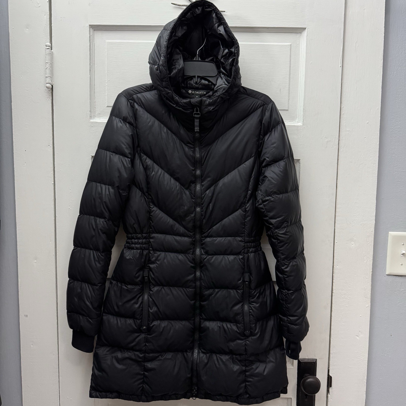 Athleta Goose Down Puffer Coat Women Medium Black Hooded Long Jacket