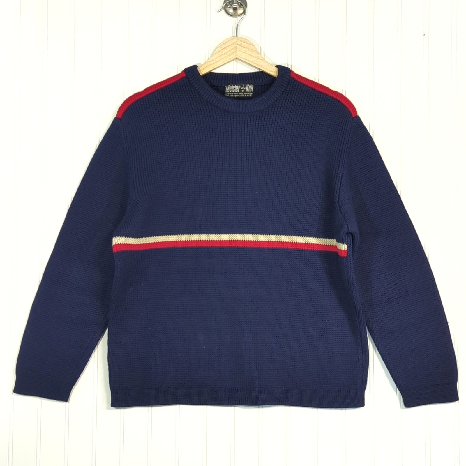 Vintage Meister-Knit Wool Sweater Navy w/ Stripe (aprx Men\'s Medium) Austria 80s