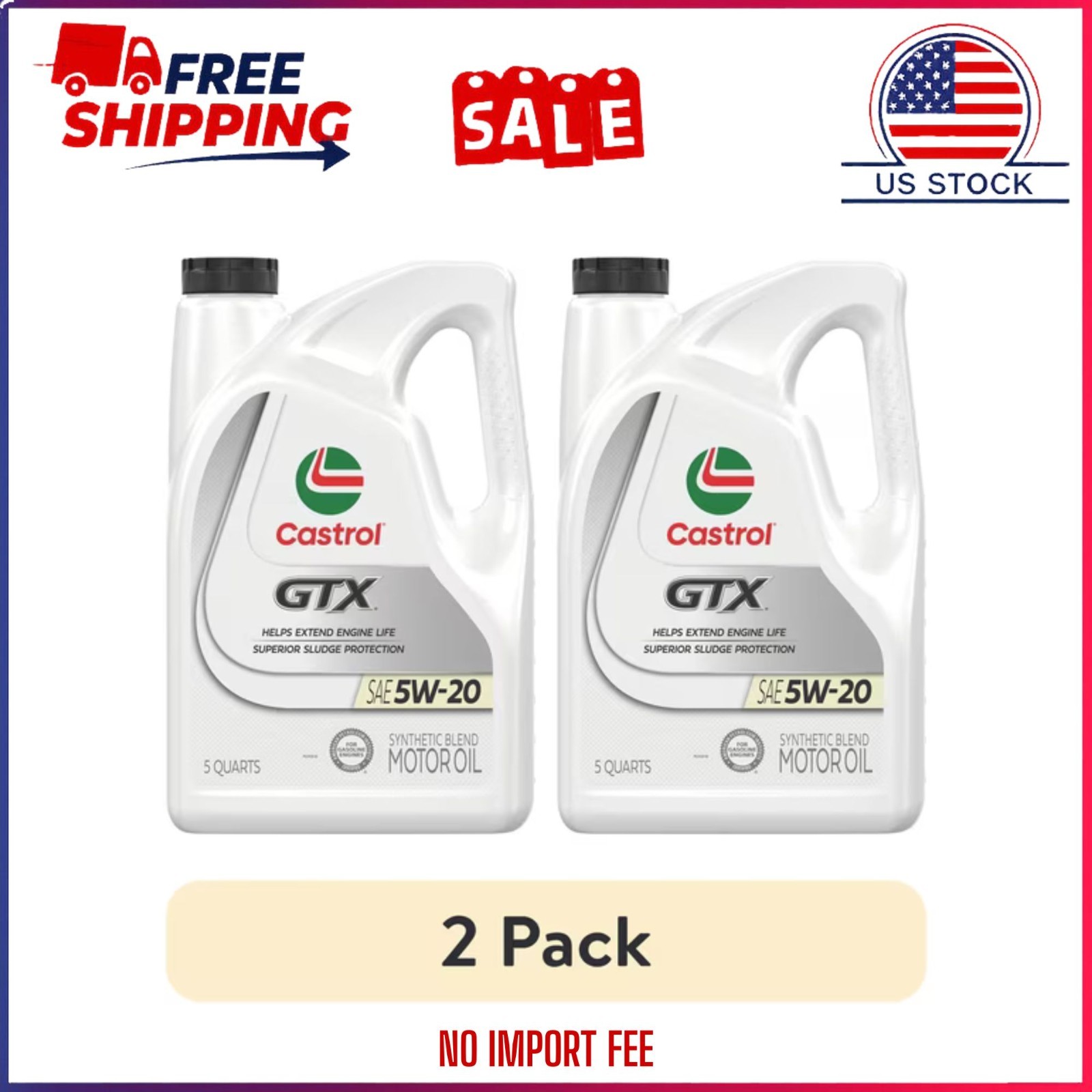 (2 pack) Castrol GTX 5W-20 Synthetic Blend Motor Oil, 5 Quarts (2 pack) Castrol GTX 5W-20 Synthetic Blend Motor Oil, 5 Quarts