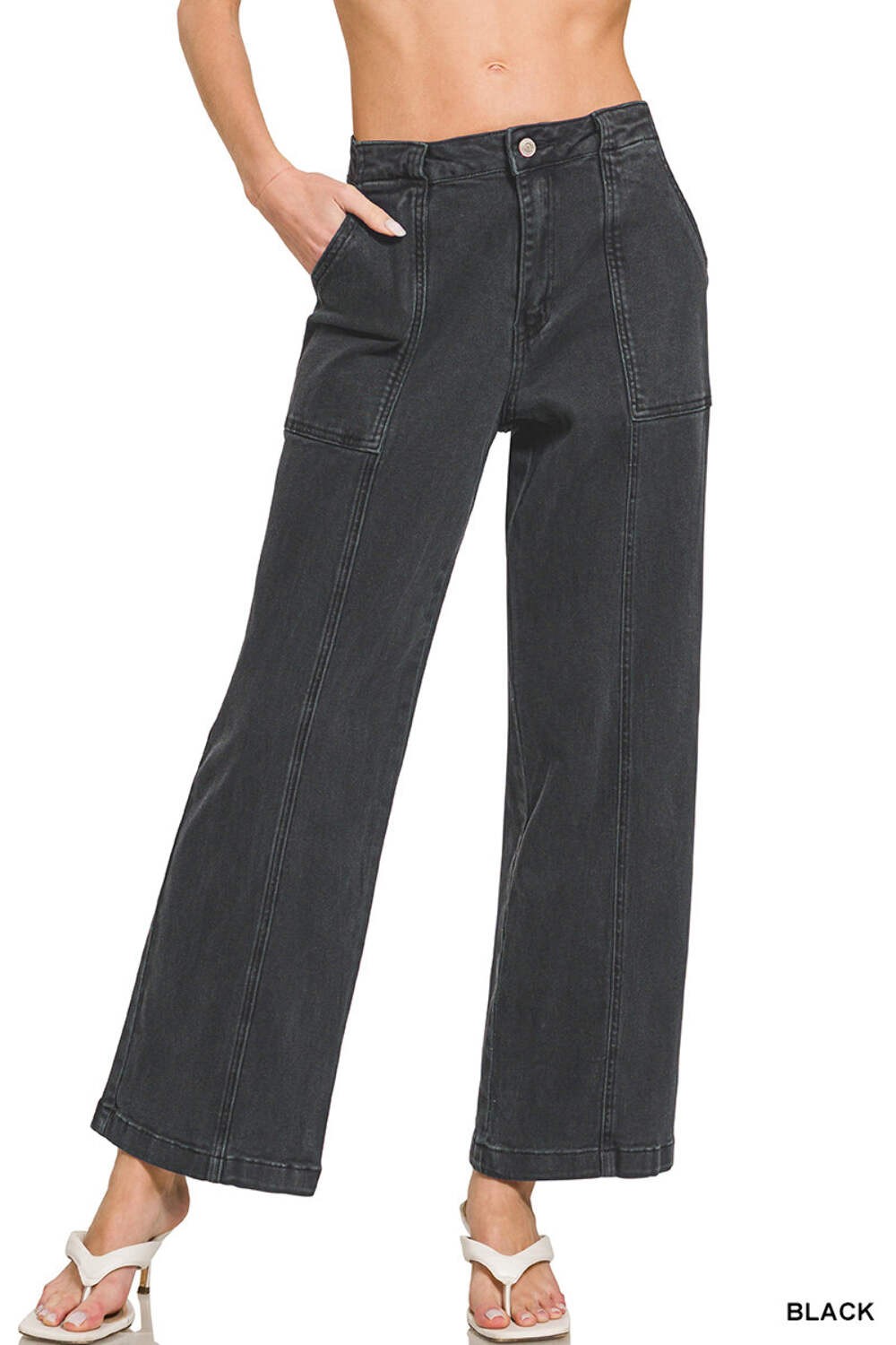 Zenana Women\'s Straight Leg Utility Pocket Color Denim Pants - Black