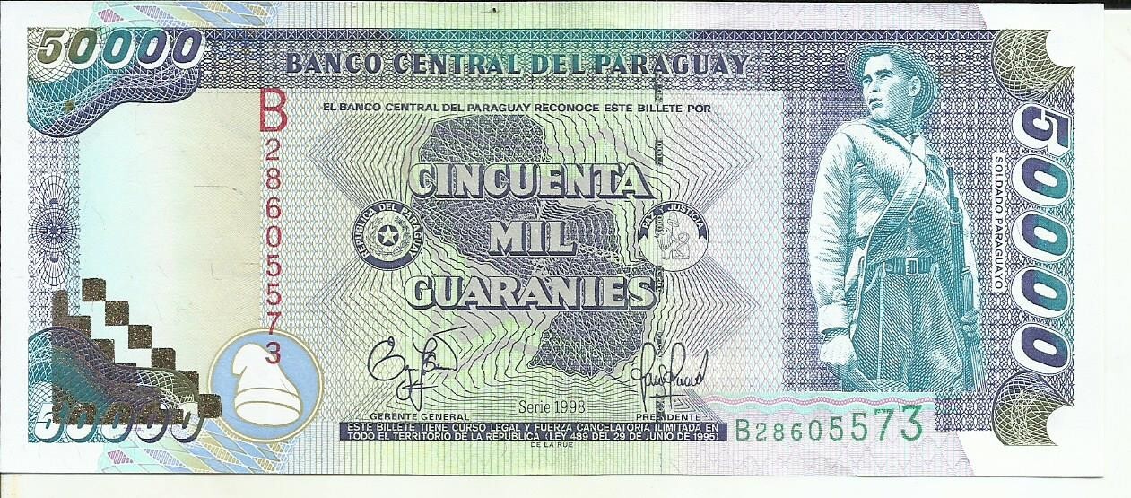 PARAGUAY 50000 50 000 GUARANIES 1998 P 218 . UNC CONDITION. 4RW 02OCT