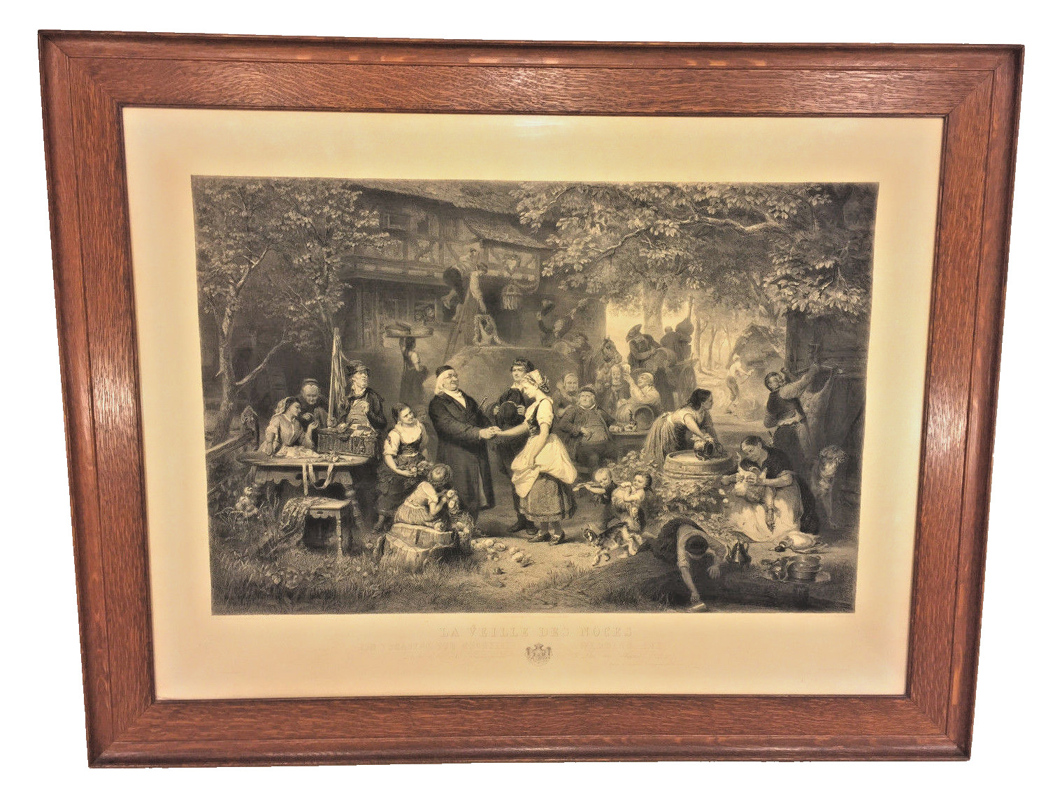 Antique Large Wedding Eve Engraving Wood Frame 1865 La Veille Des Noces Printed 