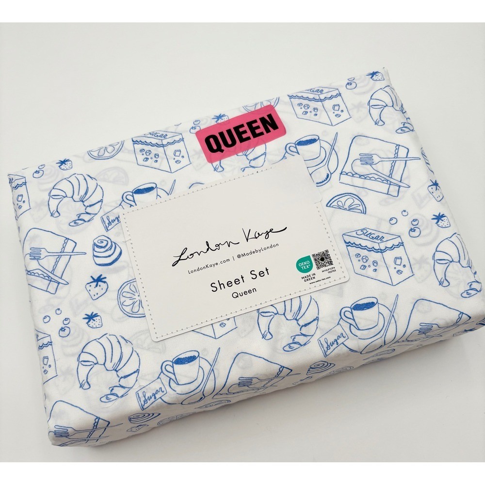 LONDON KAYE Parisian Pastry Blue and White QUEEN Sheet Set NEW