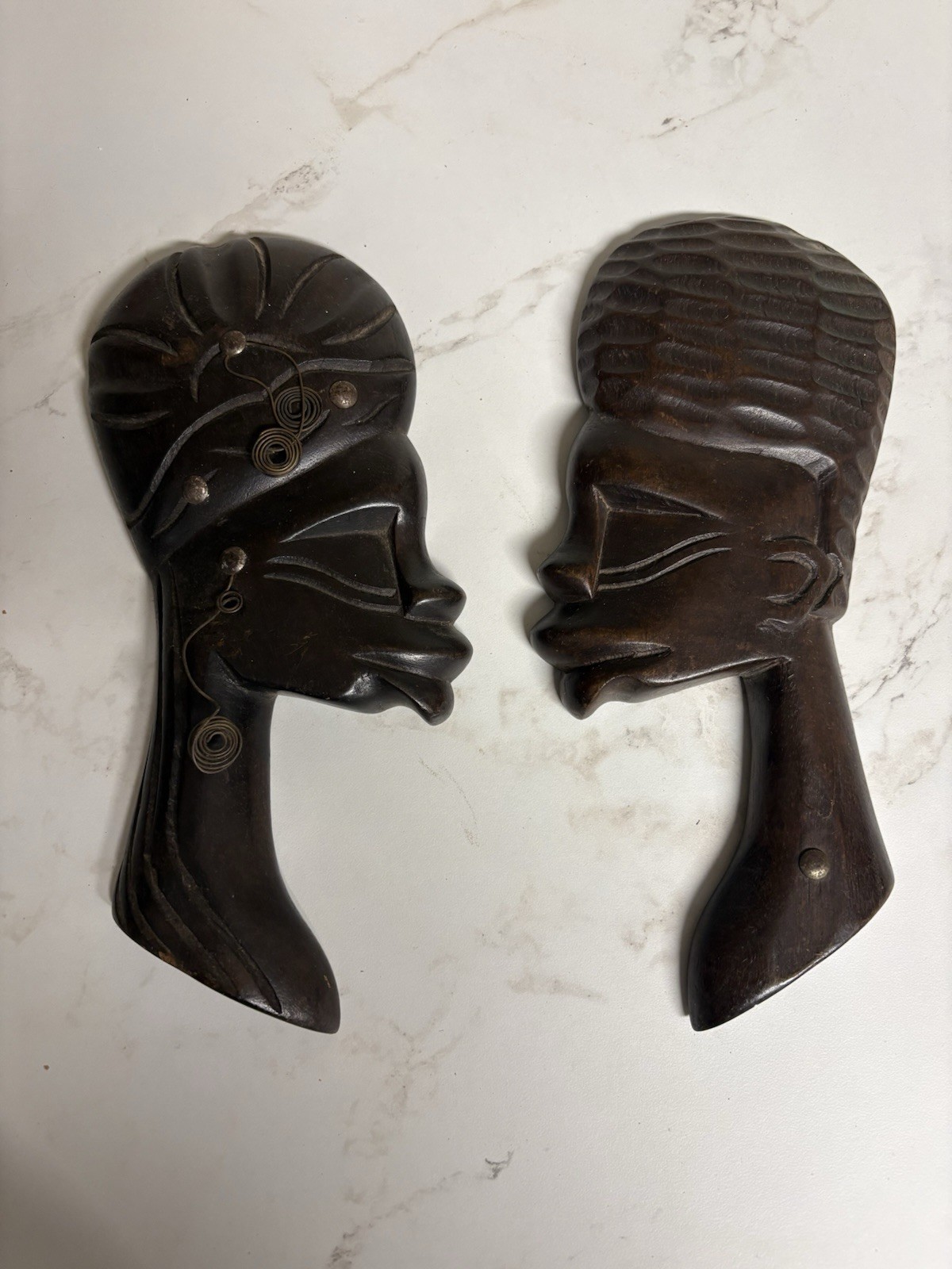 Vintage African Hand Carved Wood Wall Plaques Pair Man Woman Head 10” Tribal
