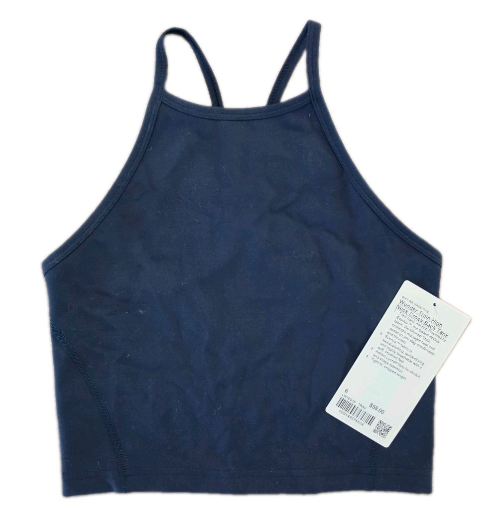 Lululemon Women\'s Sz 6 Wonder Train High Neck Cross Back Tank Navy Lululemon Women\'s Sz 6 Wonder Train High Neck Cross Back Tank Navy