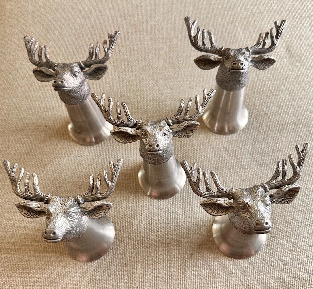 Set Of 5 Jagermeister Stag Deer Buck Head Shot Glass Pewter Stainless Jager NOS