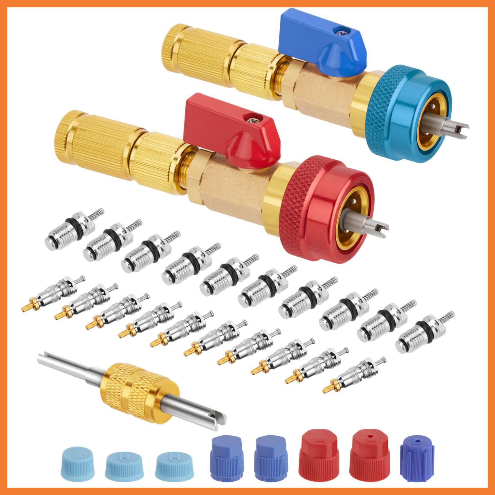 R134A Valve Core Quick Remover Installer Tool Set with Upgraded Valve Cores R134A Valve Core Quick Remover Installer Tool Set with Upgraded Valve Cores